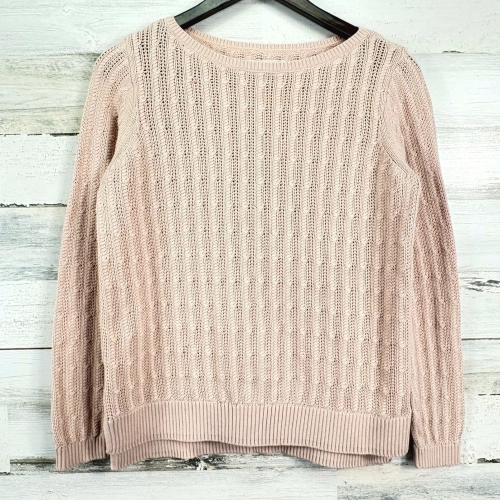 LOFT Womens Pink Peach Knit‎ Sweater Silk Blend Open Cable Knit Long Sleeve Sz L